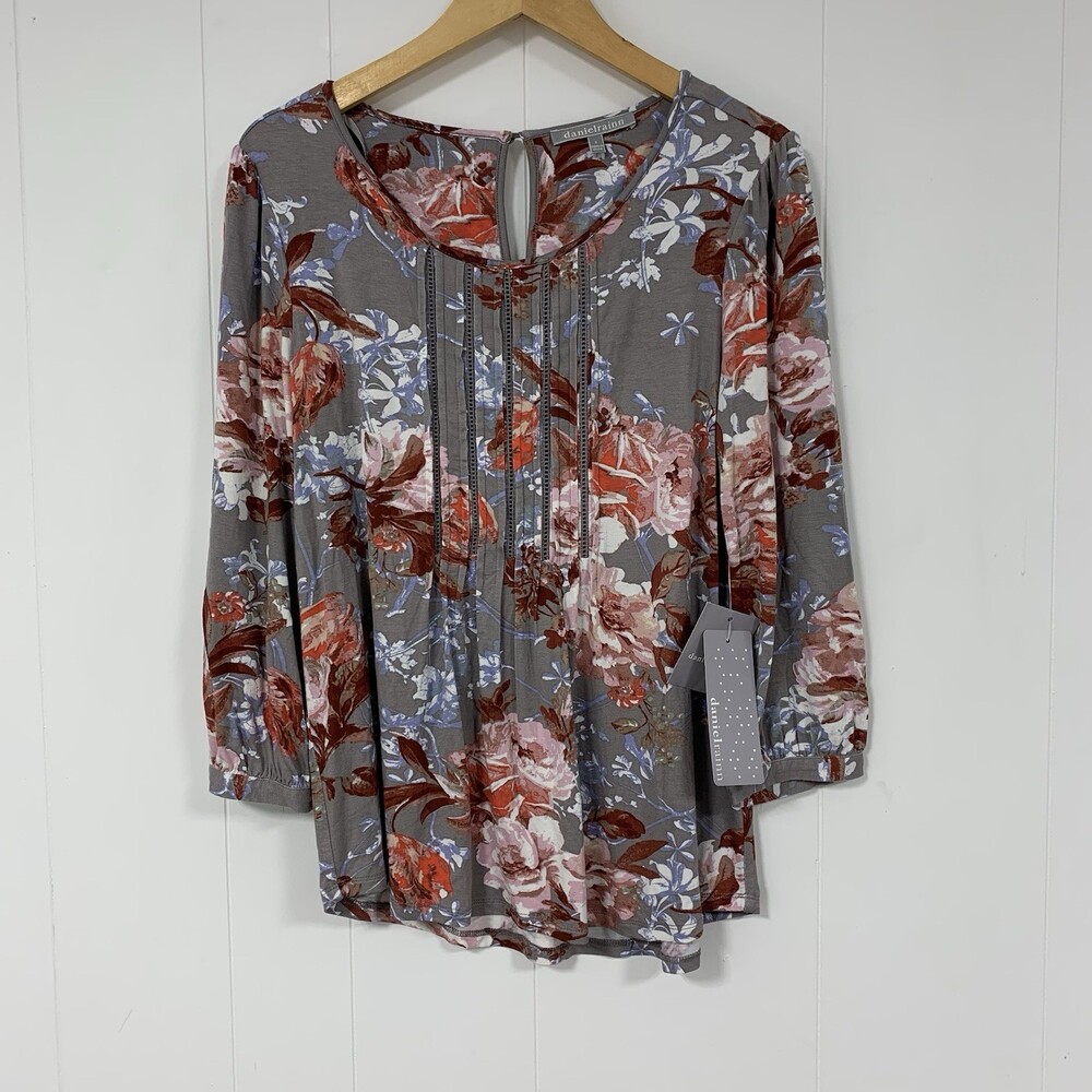 Daniel Rainn Women’s S Gray Floral Pintuck Pleated Top Crochet Trim LS
